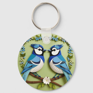 Porte-clés Oiseaux geai bleu en papier découpé