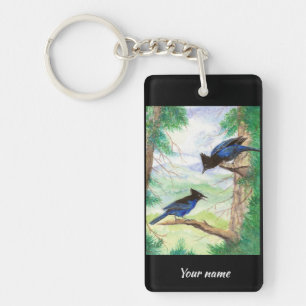 Porte-clés Oiseaux Geai Stellaire Peinture Aquarelle Personna