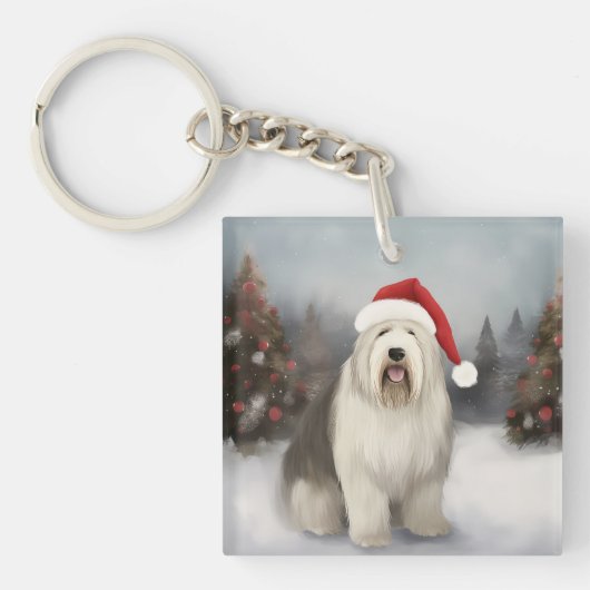 Porte-clés Old English Sheepdog en Noël de neige (Devant)