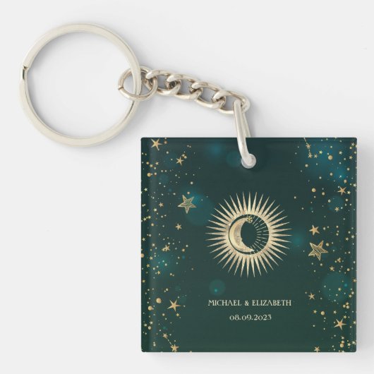 Porte-clés Or céleste Soleil Et Lune Étoiles Vert (Devant)