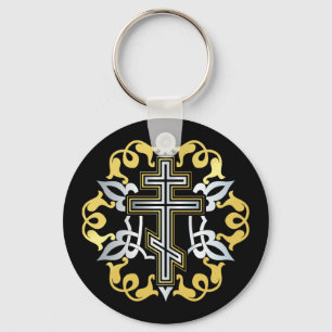 Porte-clés Or Croix Orthodoxe Avec Ornements