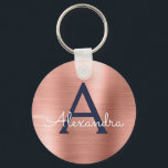 Porte-clés Or Rose Gold Navy Blue Acier Inoxydable Monogramme<br><div class="desc">Or Rose Gold et Bleu Marine Fausse Clé Métal Élégante en Acier Inoxydable. Ces porte-clés peuvent être personnalisés pour inclure votre initiale et prénom. Ces porte-clés font de superbes cadeaux d'anniversaire,  de douche de mariée ou de fête de bachelorette.</div>