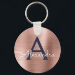 Porte-clés Or rose métallisé bleu marine Acier inoxydable Mon<br><div class="desc">Or rose et bleu marine Fausse clé métallique en acier inoxydable élégante. Ces porte-clés peuvent être personnalisés pour inclure votre initiale et votre prénom. Ces porte-clés font de grands cadeaux d'anniversaire,  de douche de mariée ou de fête de bachelorette.</div>