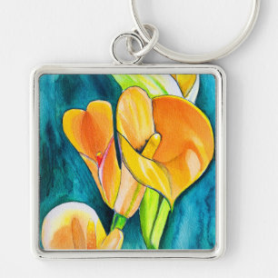 Porte-clés Orange Calla fleurs de laine aquarelle art