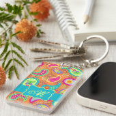 Porte-clés Orange Turquoise Moderne Paisley Motif Monogramme (Devant droit)