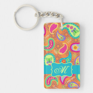 Porte-clés Orange Turquoise Moderne Paisley Motif Monogramme