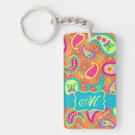 Porte-clés Orange Turquoise Moderne Paisley Motif Monogramme (Devant)