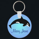 Porte-clés Orca Killer Whale Gradient Nom bleu<br><div class="desc">Silhouette noire et blanche d'un orque (Orcinus orca) aussi connu sous le nom d'orque, d'orque ou de poisson noir. Ce mammifère marin intelligent et curieux fait partie de la famille des dauphins océaniques. Malgré leur grande taille et leur nom bruyant féroce, les Orca sauvages ne sont pas considérés comme une...</div>
