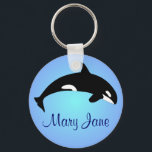 Porte-clés Orca Killer Whale Gradient Nom bleu<br><div class="desc">Silhouette noire et blanche d'un orque (Orcinus orca) aussi connu sous le nom d'orque, d'orque ou de poisson noir. Ce mammifère marin intelligent et curieux fait partie de la famille des dauphins océaniques. Malgré leur grande taille et leur nom bruyant féroce, les Orca sauvages ne sont pas considérés comme une...</div>