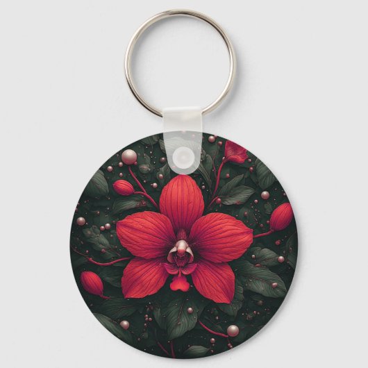 Porte-clés Orchidée rouge en fleurs avec des feuilles vertes (Recto)