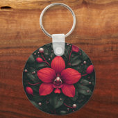 Porte-clés Orchidée rouge en fleurs avec des feuilles vertes (Recto)