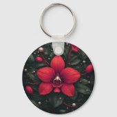 Porte-clés Orchidée rouge en fleurs avec des feuilles vertes (Verso)