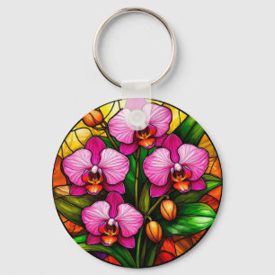 Porte-clés Orchidées roses vibrantes et feuilles vertes