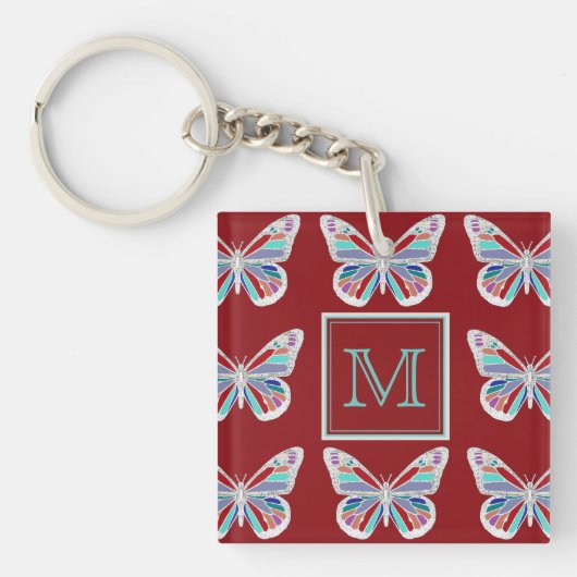 Porte-clés Ornate Butterflies Burgundy Pattern Monogram (Devant)