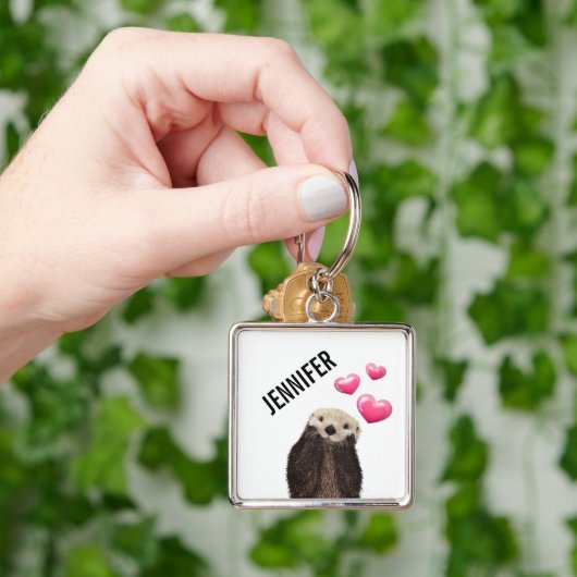 Porte-clés Otter mignonne avec Coeurs d'Amour Rose (main)