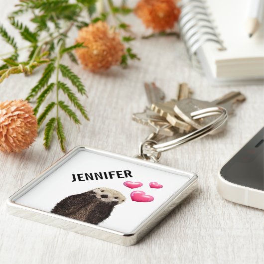 Porte-clés Otter mignonne avec Coeurs d'Amour Rose (Côté)