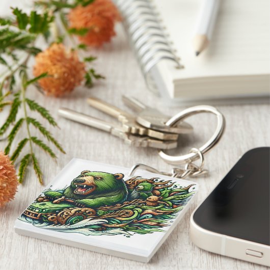 Porte-clés Ours Animés à bord d'une voiture verte (Devant Droit)