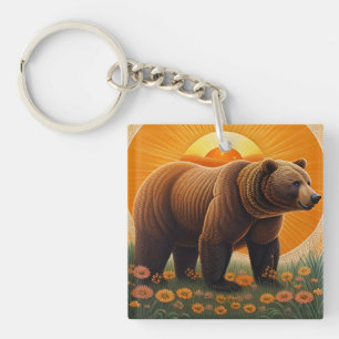 Porte-clés Ours brun majestueux debout dans un champ