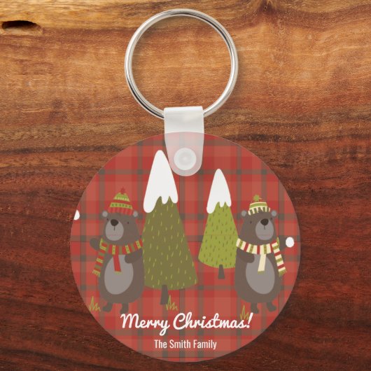 Porte-clés Ours d'hiver Blanc Noël Rouge Buffle Plaid (Recto)