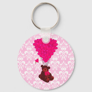 Porte-clés Ours et ballons de coeur sur damas rose