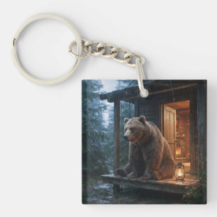 Porte-clés Ours Grizzly Assis Sur Le Porche D'une Cabane Cosy