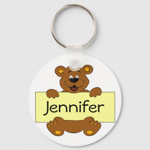 Porte-clés Ours joyeux avec bannière personnalisable dessin a
