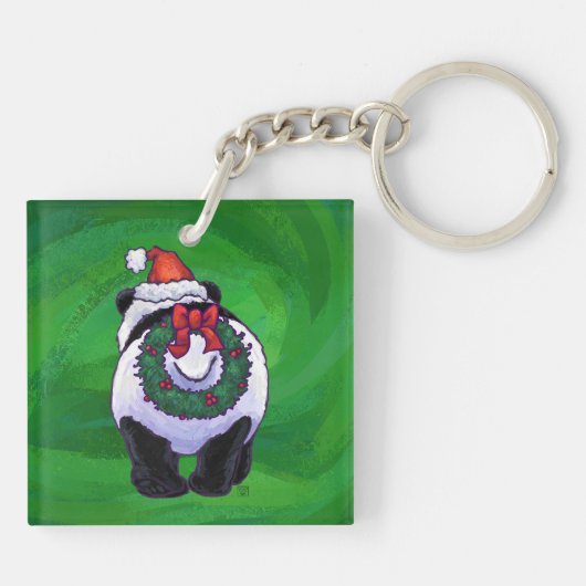Porte-clés Ours mignon Panda à Santa Hat sur Vert (Dos)