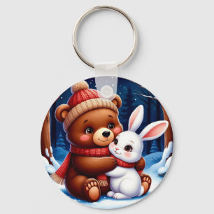 Porte-clés Ours mignon tenant un lapin