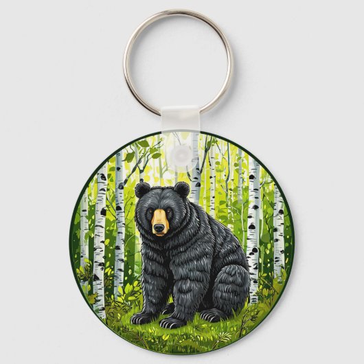 Porte-clés Ours noir dans une forêt de bouleaux (Recto)