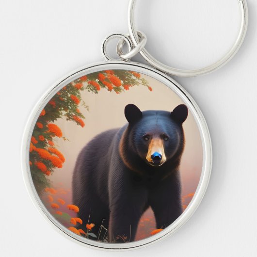 Porte-clés Ours noir en fleurs orange (Devant)