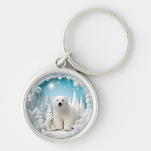 Porte-clés ours polaire avec ourson hiver arctique