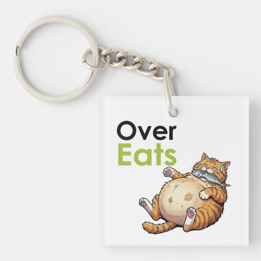 Porte-clés Over Eats - Funny Fat Cat Eating Fish Cartoon (Devant)