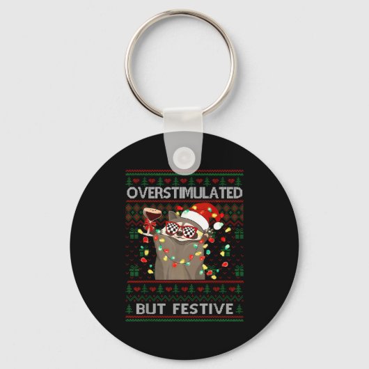 Porte-clés Overstimulated But Festive Raccoon Ugly Sweater Ch (Recto)
