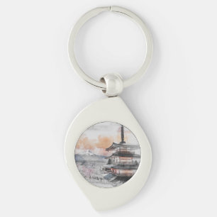 Porte-clés Pagode japonaise & Fuji aquarelle