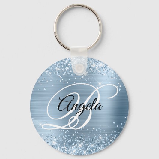 Porte-clés Paillettes Clair Bleu Feuille Fantaisie Monogramme (Recto)