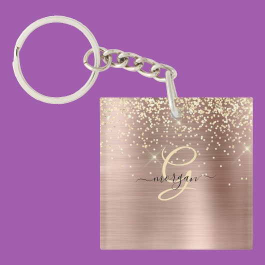 Porte-clés Paillettes dorées, monogramme doré, nom en script