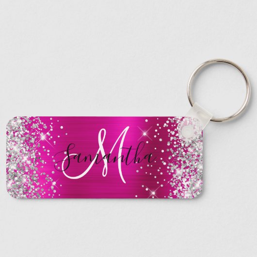 Porte-clés Paillettes Rose Chaud Monogramme Mince Horizontal (Recto)