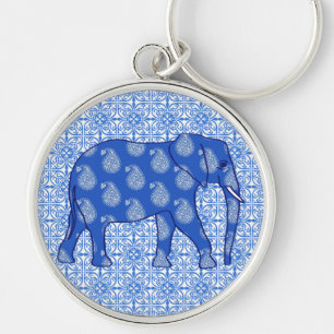 Porte-clés Paisley éléphant - bleu cobalt et blanc