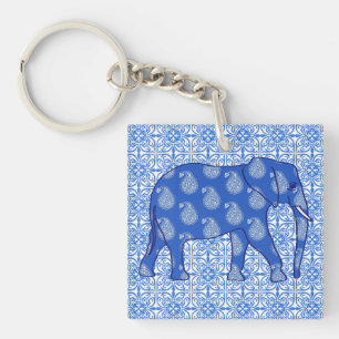 Porte-clés Paisley éléphant - bleu cobalt et blanc