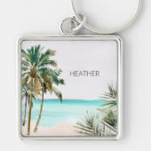 Porte-clés Palmier tropical Monogramme Plage Bleue Feuille (Devant)
