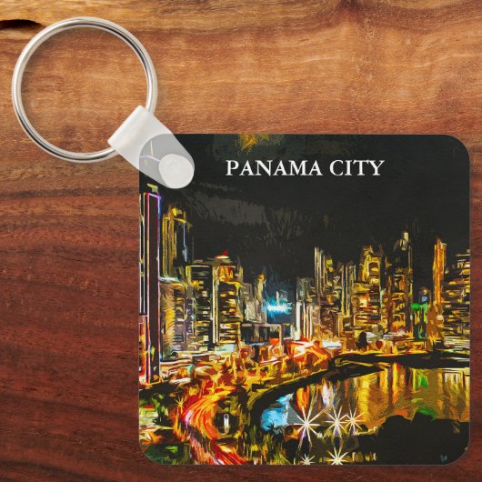 Porte-clés Panama City By Night Aquarelle Peinture Skyline (Recto)