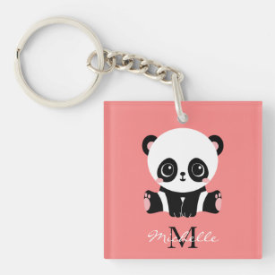 Porte-clés Panda à assise mignonne Monogramme Saumon personna