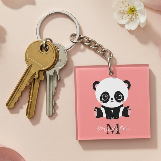 Porte-clés Panda à assise mignonne Monogramme Saumon personna