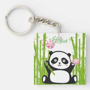 Porte-clés Panda heureux avec bambou et fleurs de cerisiers