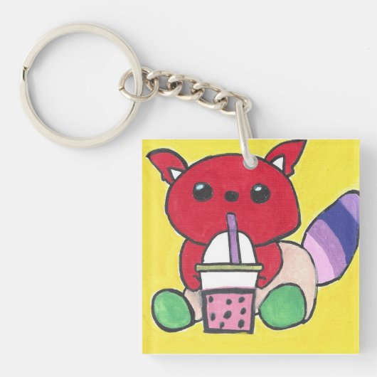Porte-clés Panda roux buvant du Boba (Devant)
