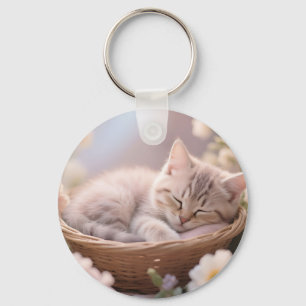 Porte-clés Panier floral de chaton endormi rêveur