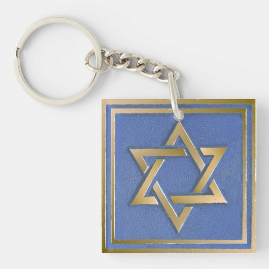 Porte-clés Panneau d'art en étoile de David bleu or (Devant)