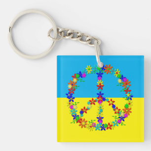 Porte-clés Panneau de paix avec fleurs, bouton drapeau ukrain