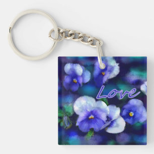 Porte-clés Pansies Bleues Fleur Pansy Floral Turquoise "Amour