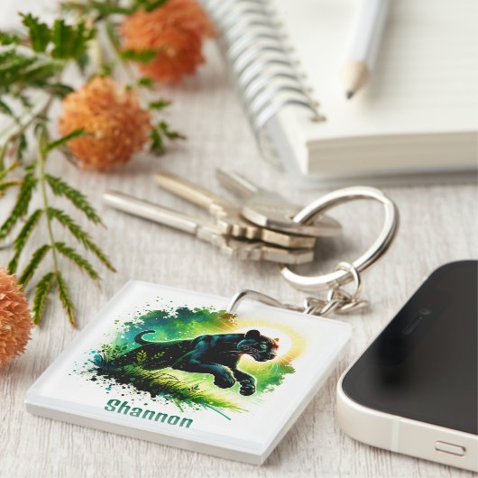 Porte-clés Panthère noire avec cadre vert Monogramme | (Devant Droit)